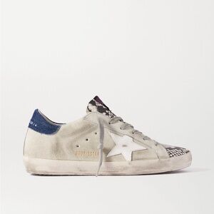 Golden Goose Superstar Denim-Trimmed Distressed Snake effect Leather Suede shoes